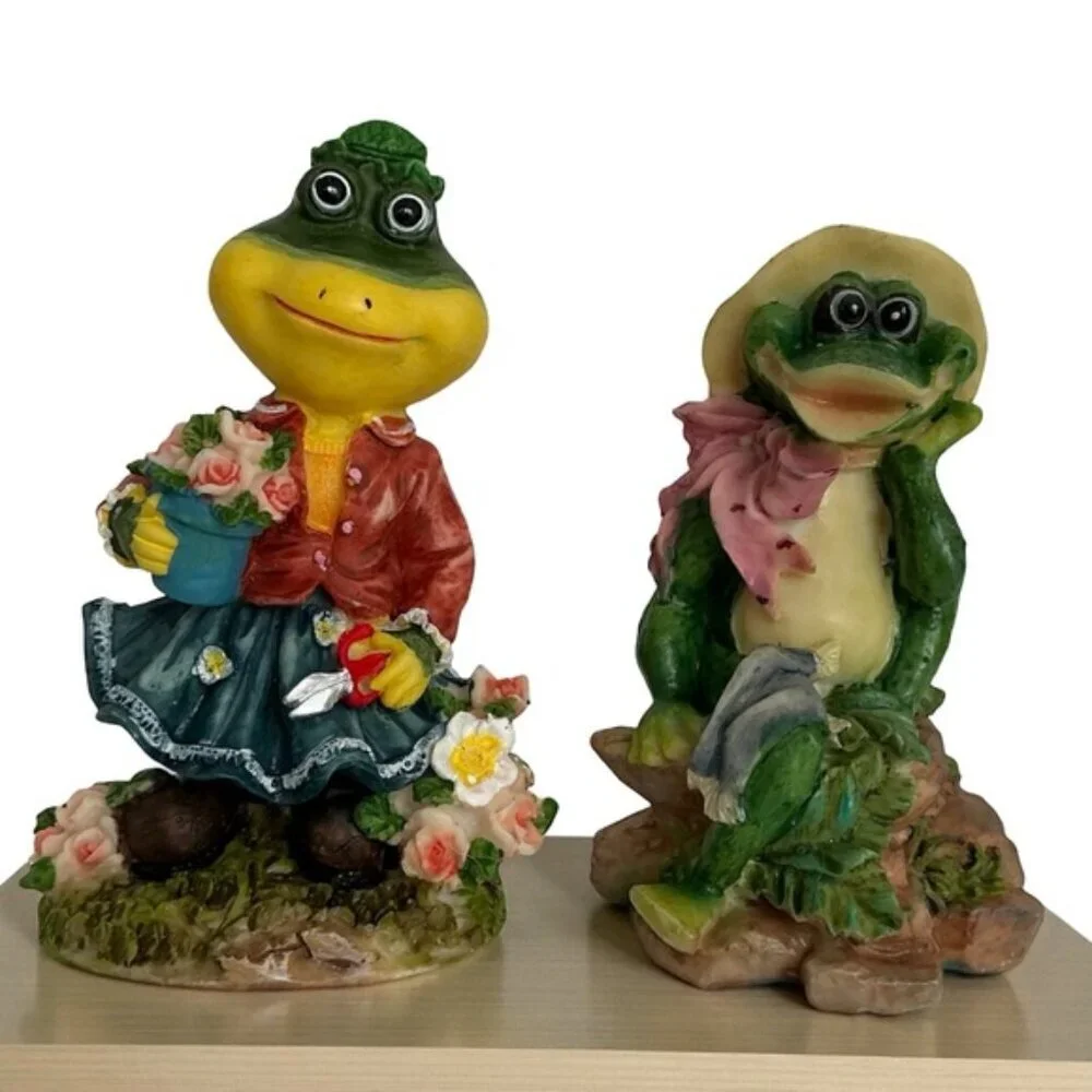 Vintage Frog Figurines Gardening Theme 4”-5” Intricate Carving 2 PC Collectible